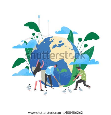 Group of people or ecologists taking care of Earth and saving planet. Environmental protection, use of eco friendly or sustainable technology, green renewable energy. Flat vector illustration.