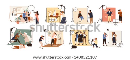 Collection of male and female photographers working at photographic studio and photographing various models during photo session - dog, family, couple, celebrity. Flat cartoon vector illustration.