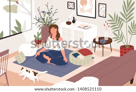 Smiling girl sitting cross-legged in her room or apartment, practicing yoga and enjoying meditation. Young woman with crossed legs and closed eyes meditating at home. Flat cartoon vector illustration.