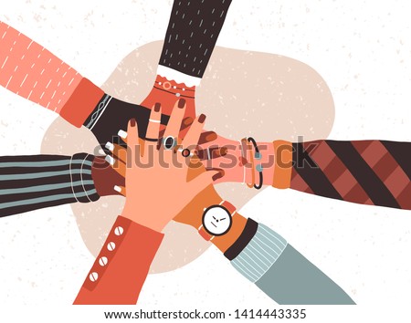 Hands of diverse group of people putting together. Concept of cooperation, unity, togetherness, partnership, agreement, teamwork, social community or movement. Flat cartoon vector illustration. Stock foto © 