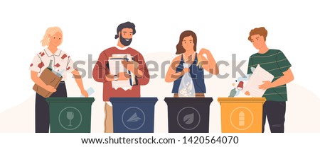 Bundle of cute funny people putting rubbish in trash bins, dumpsters or containers. Set of happy men and women practicing garbage collection, sorting and recycling. Flat cartoon vector illustration.