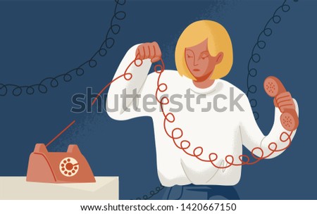 Young woman holding telephone with torn wire. Concept of break up, cessation of communication or connection, disconnect, breaking of unnecessary social ties. Flat cartoon colorful vector illustration.