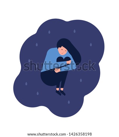 Miserable lonely young woman sitting on floor. Depressed, unhappy or upset girl. Female character in trouble, depression, sorrow, sadness. Mental disorder or illness. Flat cartoon vector illustration.