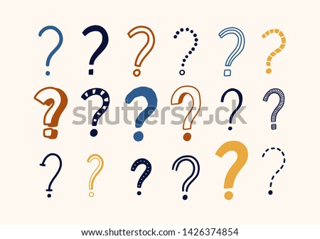 Bundle of doodle drawings of question marks. Set of interrogation points hand drawn with colorful contour lines on light background. Problem or trouble symbols. Decorative vector illustration.