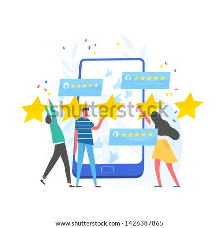 Group of people leaving five star rating and giant smartphone. Customer experience and satisfaction, positive feedback, product or service review and evaluation. Modern flat vector illustration.