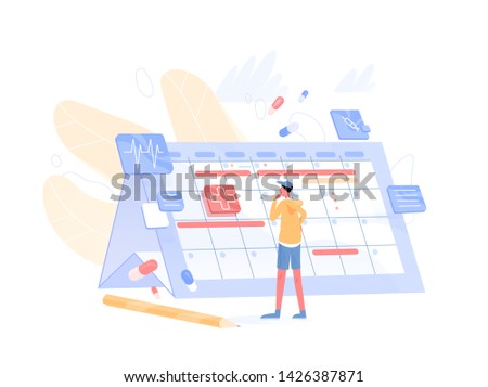 Young thoughtful man looking at giant calendar and choosing available date to visit physician. Doctor appointment scheduling. Health care or medical service. Modern flat cartoon vector illustration.