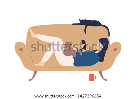 Young woman holding smartphone, lying on sofa with her cats and surfing internet. Funny girl spending time with her domestic animals. Cute lady relaxing at home. Flat cartoon vector illustration.