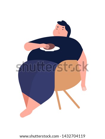 Obese young man. Fat boy sitting on chair. Concept of obesity, binge eating disorder, food addiction. Mental illness, behavioral problem, psychiatric condition. Flat cartoon vector illustration.