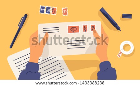 Hands holding envelope with stamps surrounded by stationery. Top view on table surface. Sending written letter or correspondence through postal service. Flat cartoon colorful vector illustration.