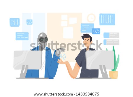 Robot and man sitting at computers and working together at office. Cooperation, support and friendship between guy and android. Human and artificial intelligence. Modern flat vector illustration.