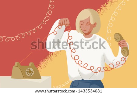 Adorable blonde woman holding telephone handset with torn wire. Concept of break up, assertiveness, disconnect, breaking of unwanted social ties, end relationship. Flat cartoon vector illustration.