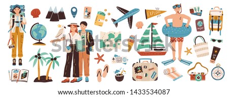 Collection of adventure tourism, travel abroad, summer vacation trip, hiking and backpacking decorative design elements isolated on white background. Flat cartoon colorful vector illustration.