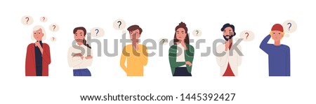 Collection of portraits of thoughtful people. Bundle of smart men and women thinking or solving problem. Set of pensive boys and girls surrounded by thought bubbles. Flat cartoon vector illustration. Stock foto © 
