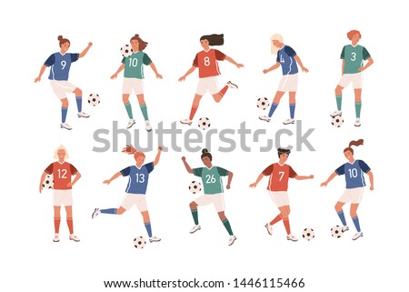 Collection of funny female football players isolated on white background. Bundle of cute happy women playing soccer. Set of teenage girls kicking ball. Flat cartoon colorful vector illustration.