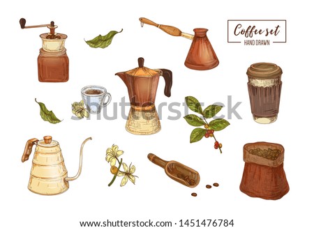 Collection of elegant drawings of tools for coffee brewing - moka pot, grinder, swan neck pour over kettle, cezve, takeout cup, bag, scoop, coffee plant. Realistic hand drawn vector illustration.