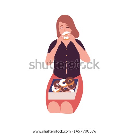 Sad young woman eating donuts. Concept of binge eating disorder, food addiction, overeating. Mental illness, behavioral problem, psychiatric condition. Flat cartoon colorful vector illustration.