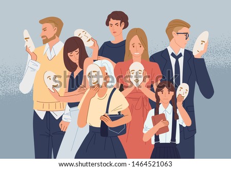 Group of people covering their faces with masks expressing positive emotions. Concept of hiding personality or individuality, psychological problem. Flat cartoon colorful vector illustration.