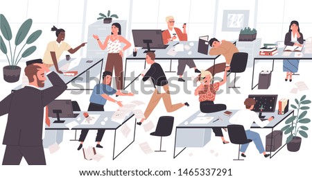 Unorganized office with lazy and unmotivated workers. Concept of difficulties and problems with organization at work, chaos, mess and disorder at workplace. Flat cartoon colorful vector illustration.