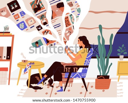 Cute funny girl sitting in comfy armchair and surfing internet on her smartphone. Smiling young woman using social network at home. Online search and communication. Flat cartoon vector illustration.