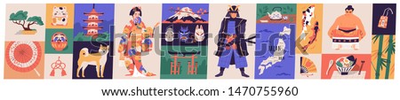 Bundle of traditional symbols of Japan - pagoda, geisha in kimono, koi fish, wagasa umbrella, bonsai tree, mount Fuji, maneki-neko. Set of Japanese design elements. Flat cartoon vector illustration.