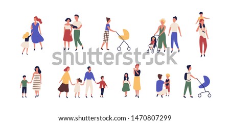 Bundle of walking families. Collection of mothers, fathers and children spending time together. Set of strolling parents and kids isolated on white background. Flat cartoon vector illustration.