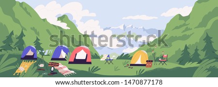 Touristic camp or campground with tents and campfire. Landscape with forest campsite against mountains in background. Location for adventure tourism, travel, backpacking. Flat vector illustration.