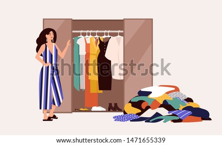 Cute girl standing in front of opened wardrobe with apparel hanging inside and pile of clothes on floor. Concept of closet declutter and organization. Flat cartoon colorful vector illustration.