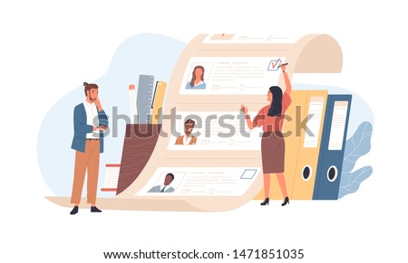 Man and woman office workers standing in front of list of job applicants. Concept of choice of worker or personnel, staff recruitment or employee hiring. Flat cartoon colorful vector illustration.