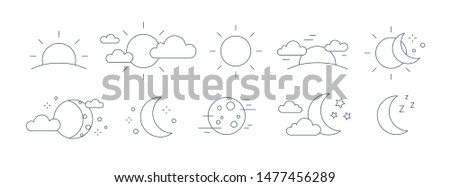 Collection of rising or setting sun, moon phases, clouds and stars symbols. Bundle of day and night time pictograms drawn with black contour lines on white background. Monochrome vector illustration.