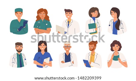 Bundle of friendly doctors wearing white coats and scurbs. Set of portraits of male and female medical workers, medics and paramedics - surgeons, physicians, nurses. Flat cartoon vector illustration.
