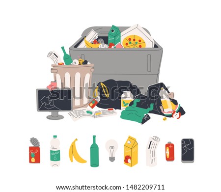 Unsorted garbage in trash containers and bin bags. Plastic, glass, metal, paper, organic waste in dumpster isolated on white background. Rubbish or litter. Flat cartoon colorful vector illustration.