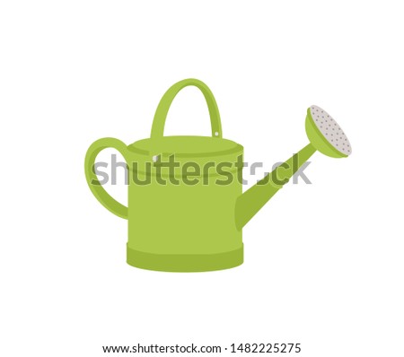 Green metal watering can or pot isolated on white background. Modern gardening tool or agricultural implement used in horticulture and plant cultivation. Flat cartoon colorful vector illustration.
