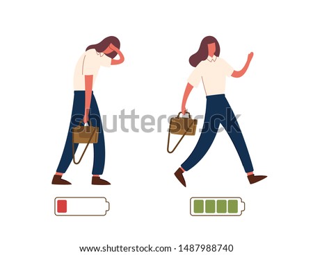 Set of happy and unhappy female office workers and vital power or battery charge indicator. Energetic and tired or exhausted girls and life energy indicaion. Flat cartoon colorful vector illustration.