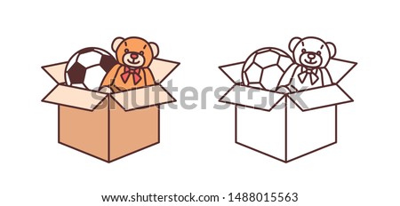 Bundle of colorful and monochrome drawings of teddy bear and football ball in carton box. Toys for children's entertainment isolated on white background. Modern vector illustration in line art style.