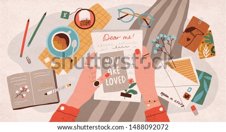 Hands holding paper sheet with handwritten text. Concept of sending letter to your future self or written message to yourself through postal service. Flat cartoon colorful vector illustration.