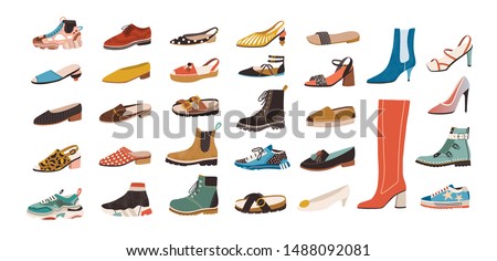 Collection of stylish elegant shoes and boots of different types isolated on white background. Bundle of trendy casual and formal men's and women's footwear. Flat cartoon colorful vector illustration.