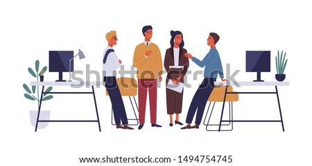 Colleagues in office flat vector illustration. Coworkers relaxing, chatting cartoon characters. Corporate worker, business people communicate. Coworking open space isolated clipart on white background