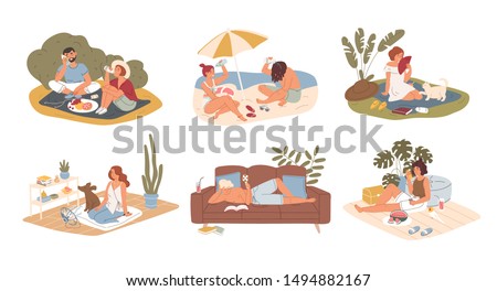Hot summer outdoor and indoor recreation flat vector illustration set. Couple having picnic in park, sunbathing on sand beach. Man reading book at home. People refreshing from heat characters pack.