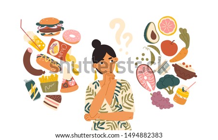 Woman choosing between healthy and unhealthy food concept flat vector illustration. Fastfood vs balanced menu comparison isolated clipart. Female cartoon character dieting and healthy eating. Stock foto © 