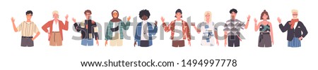 People greeting gesture flat vector illustrations set. Different nations representatives waving hand. Men, women in casual clothes, national costumes say hello. Male, female caucasian, african people.