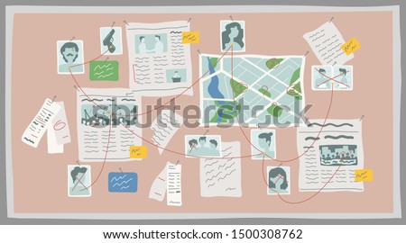 Crime research board flat vector illustration. Crime investigation, mystery solving concept. Police department, detective workspace accessory. Newspaper clippings, photos and map connected with thread