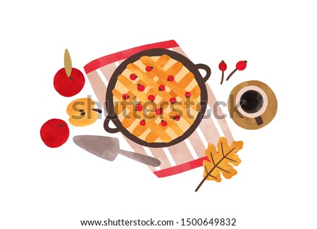 Autumn food hand drawn vector illustration. Traditional thanksgiving meal top view. Homemade baking watercolor painting. Apple pie with cranberries and coffee cup isolated on white background.