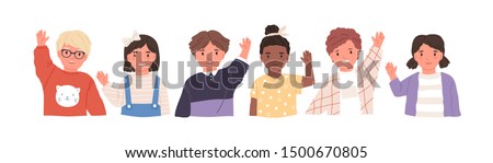 Kids waving hands flat vector illustrations set. Smiling little children in casual clothing greeting gesture. Cheerful elementary school students, kindergarten pupils cartoon characters hi.