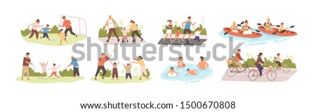 Family activities flat vector illustrations set. Happy childhood, active recreation. Happy parents and children cartoon characters pack. Outdoor games, football, roller skating, jogging and cycling.