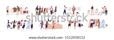 People shopping flat vector illustrations set. Happy boutique customers and friendly sellers cartoon characters. Clothing sale, consumerism concept. Garments shop, apparel retail business.