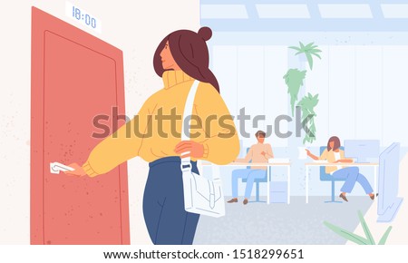 Worker leaving work on time flat vector illustration. Woman character opening door. Girl at office going to interview, appointment in time. Female employee finishing working day concept.