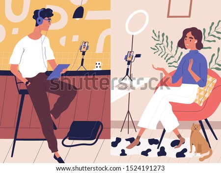 Live streaming, broadcast flat vector illustration. Male and female social media network bloggers collaboration. Vloggers cartoon characters. Interview, podcast, video recording in studio.