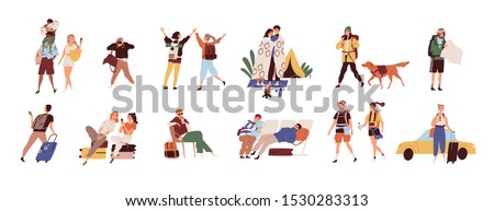Tourists on vacation flat vector illustrations set. Young travelers cartoon characters. Seasonal recreation, adventure trip concept. Tropical resort, camping, waiting at airport and taxi catching.