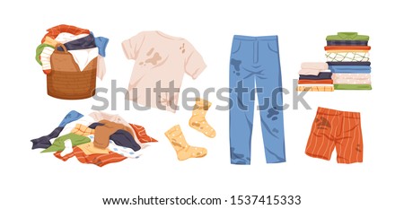 Dirty and clean clothes flat vector illustrations set. Laundry collection. Pile of washed clothing, apparel with stains in basket. Dirty jeans, t shirt and socks isolated design elements on white.