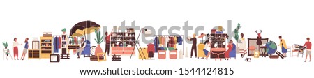 Flea market flat vector illustration. Customers and sellers cartoon characters. Clothing and vintage goods retail business. Garage sale, second hand shop. Merchandise and consumerism concept.